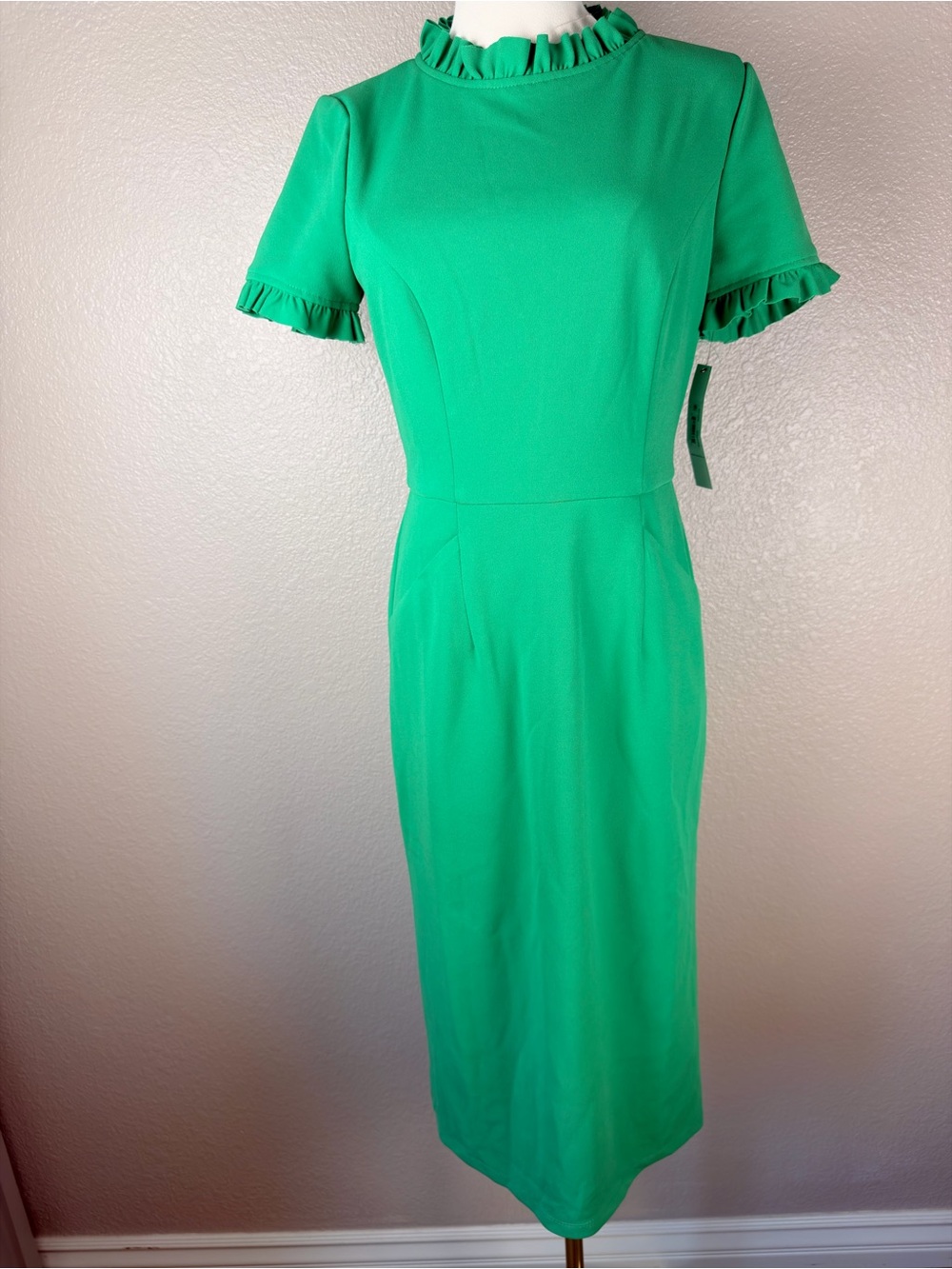 NWT Maggy London Emerald Green Ruffle-Trim Midi Sheath Dress, Size 4